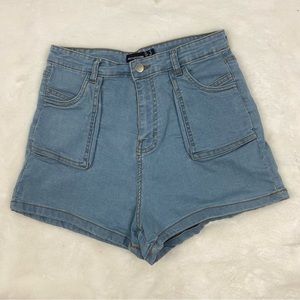 NWOT Pretty Little Thing Blue Denim High Rise Mom Shorts